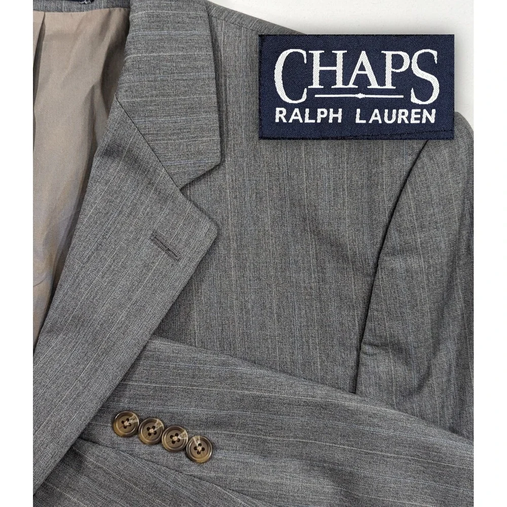 Chaps Ralph Lauren Blazer Suit Jacket Wool Cashmere Gray Pinstripe 44R Big Wide‎
